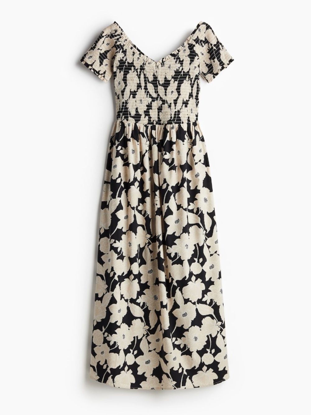 H&M Smocked Off-the-Shoulder Dress in a black and beige floral print